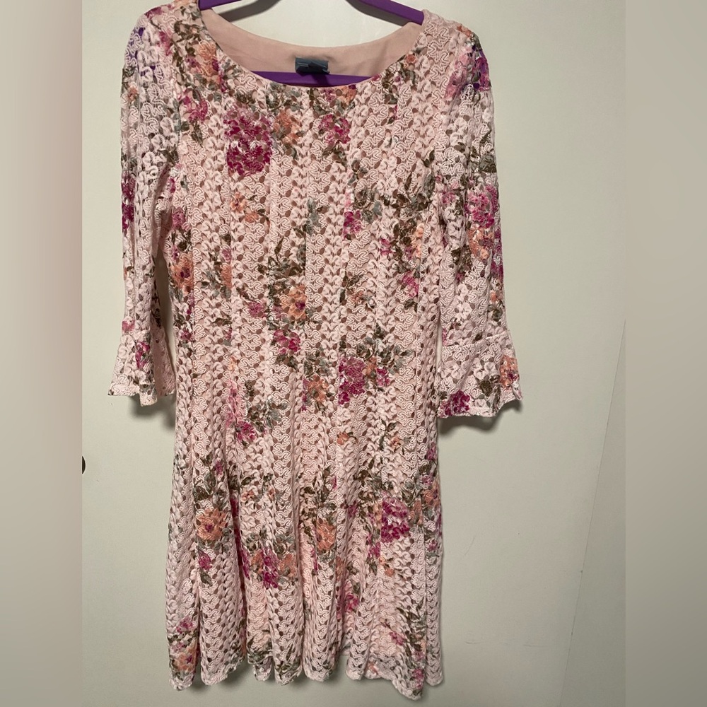 EUC! Rabbit Rabbit Rabbit Pink Floral Lace-Texture Long Sleeve Midi Dress Large